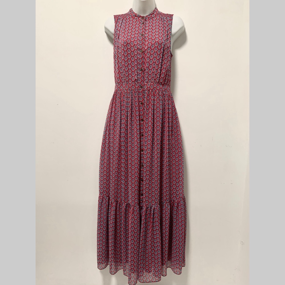 Banana Republic Mandarin collar Sleeveless Ruffle Maxi Dress in Red Pattern
